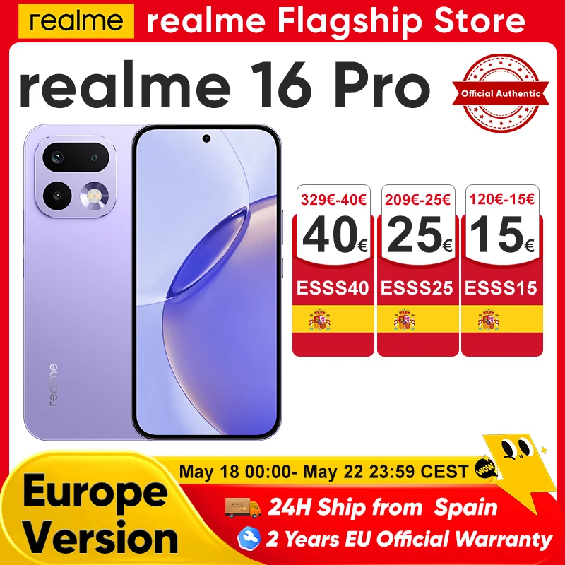 Smartphone Realme 16 Pro 5G, Dimensity 7300, pantalla 6,78" 144 Hz, cámara 200 MP