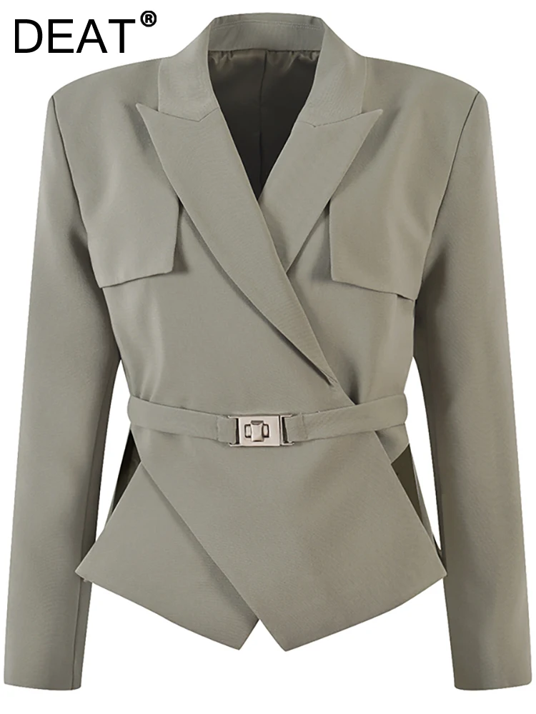 

DEAT Fashion Women Blazer Notched Collar Irregular Cross Split Belt Long Sleeve Solid Color Suit Jackets Spring 2023 New 17A5585
