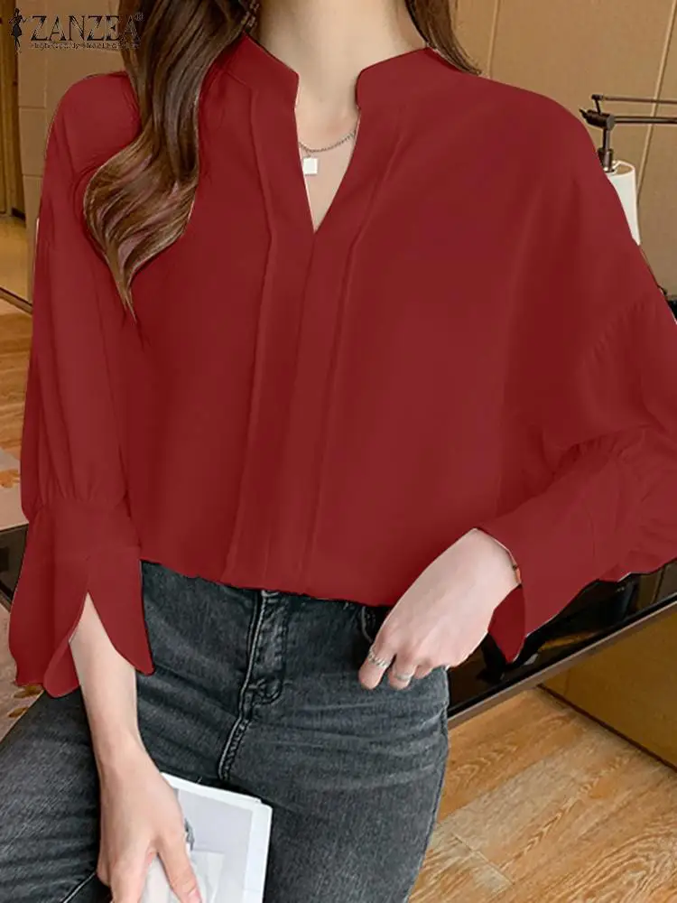 

Женская модная блузка с воротником-стойкой, свободная офисная туника, топы, Однотонная рубашка с длинным рукавом ZANZEA, женские элегантные Рабочие Рубашки, женская блузка
