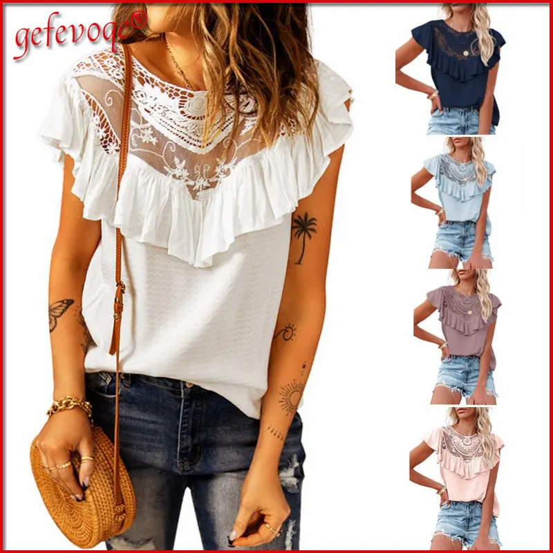 

Блузка женская шифоновая с оборками, повседневный однотонный топ без рукавов, с сетчатым кружевом и круглым вырезом, свободная элегантная о...