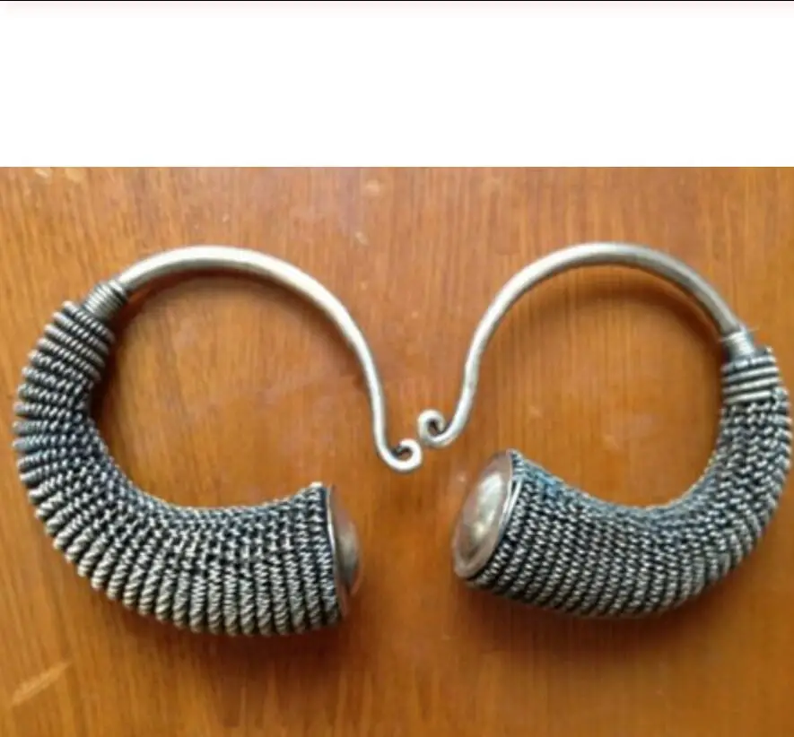 

Charming Tibet Tribal Jewelry Miao Silver Big Hollow Earrings pair