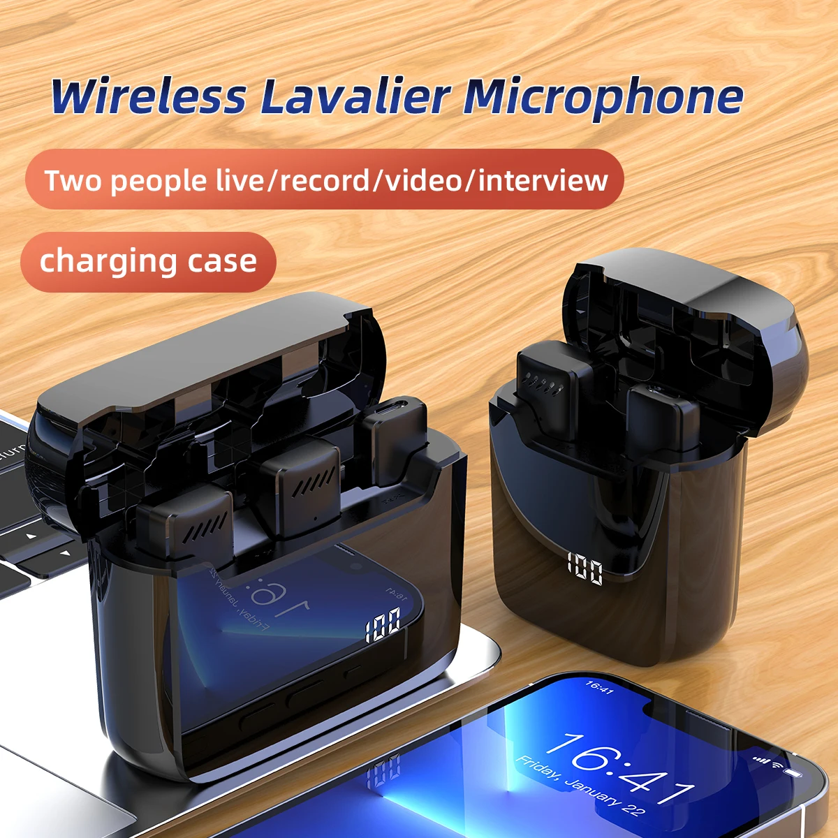 

Wireless Lavalier Microphone With Display Charging Box Portable Noise Reduction Audio Video Recording Mic For iPhone Android