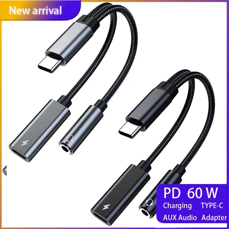 

60W PD Charging Type C Adapter Male to Female Usb C TO 3.5 MM Jack AUX Audio Earphone Connector For Macbook Pro Huawei Samsung