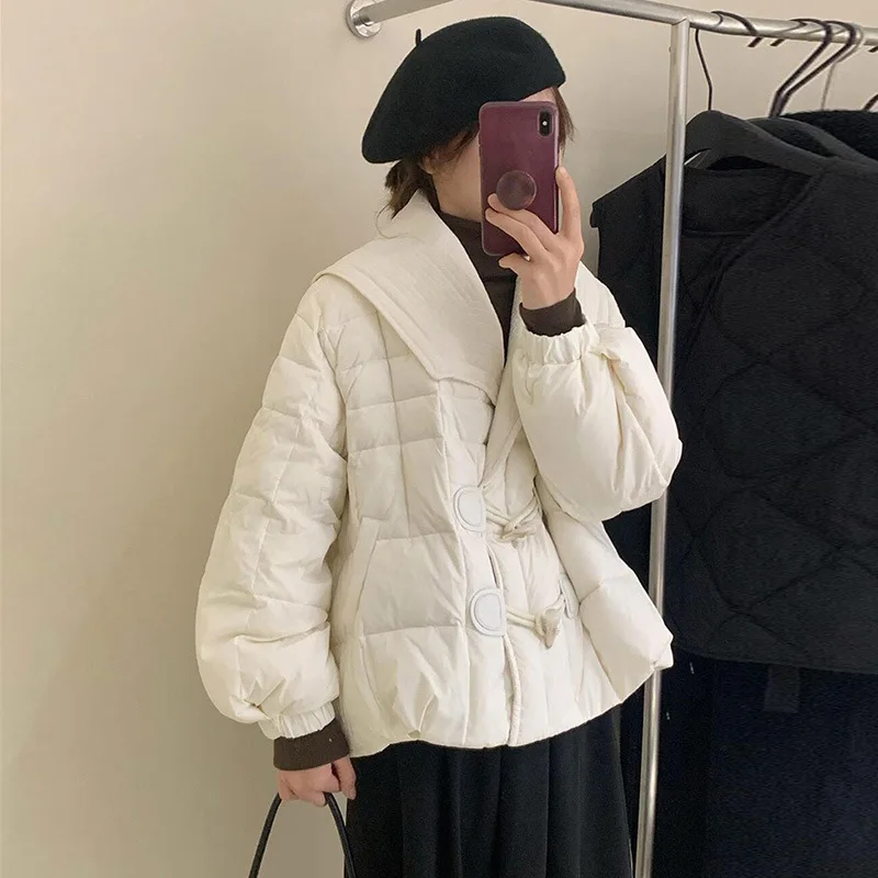 New Horn Button Down Jacket Women's Winter Lapel Thin Cotton Jacket Solid Color Sweet Thick White Eiderdown Warm Short Coat
