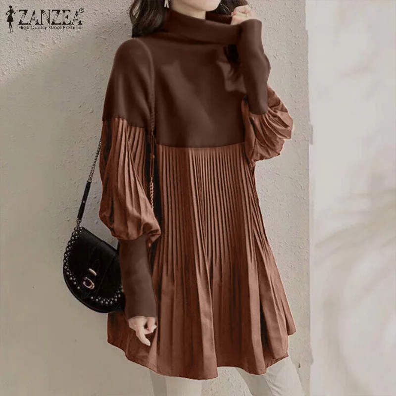 

ZANZEA Women Patchwork Pleated Blouse Shirt2022 Spring Autumn Turtleneck Long Sleeve Top Lady Casual Solid Baggy Blusa Chemise