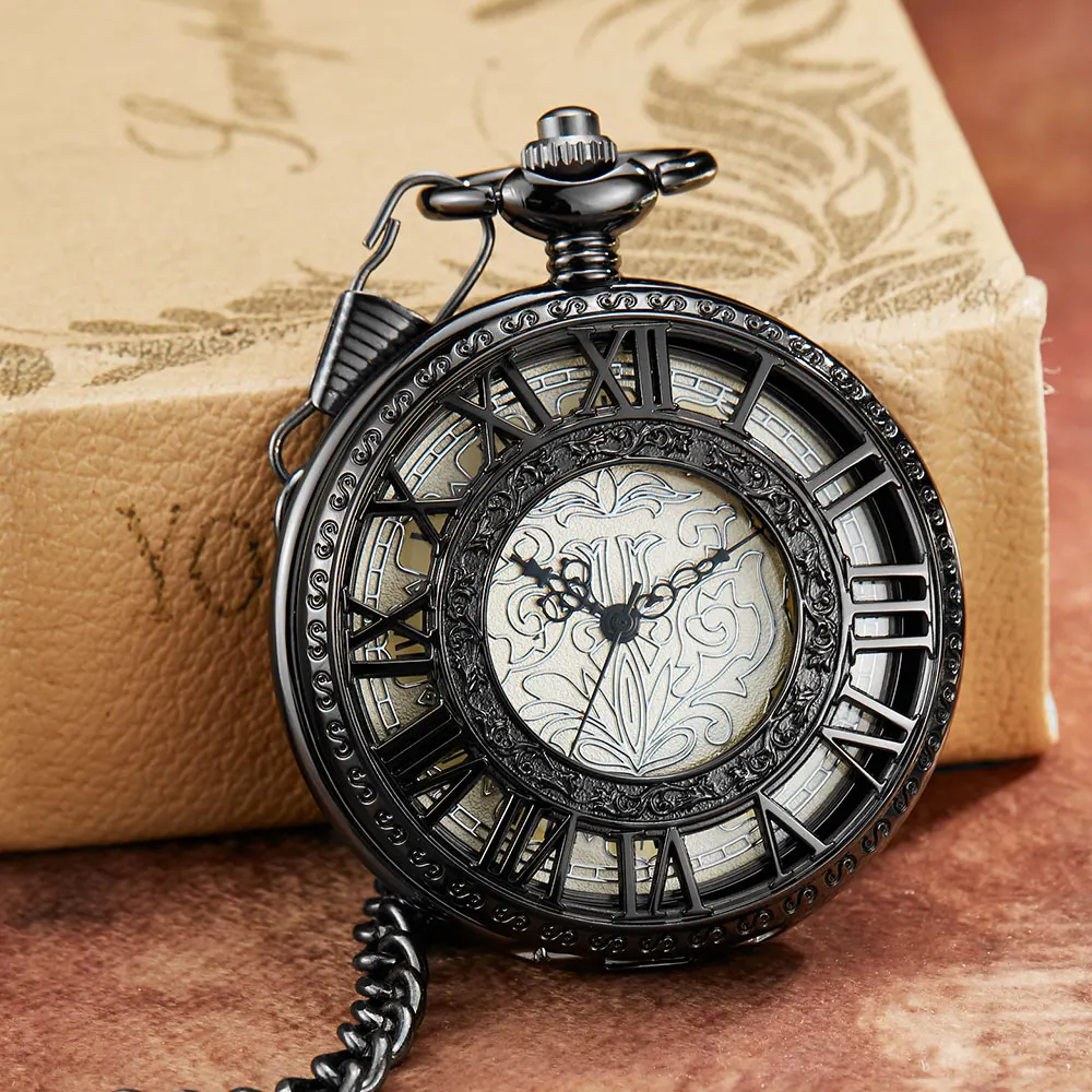 Vintage Retro Carved Exquisite Dial Mechanical Pocket Watch FOB Chain Luxury Hollow Black Roman Hand Wind Men Clock Pocket Watch