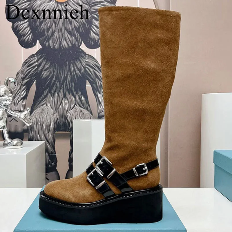 

Зимние Модные сапоги, новые сапоги выше колена на толстой подошве, женские повседневные сапоги из натуральной кожи на молнии, женские длинные сапоги с пряжкой