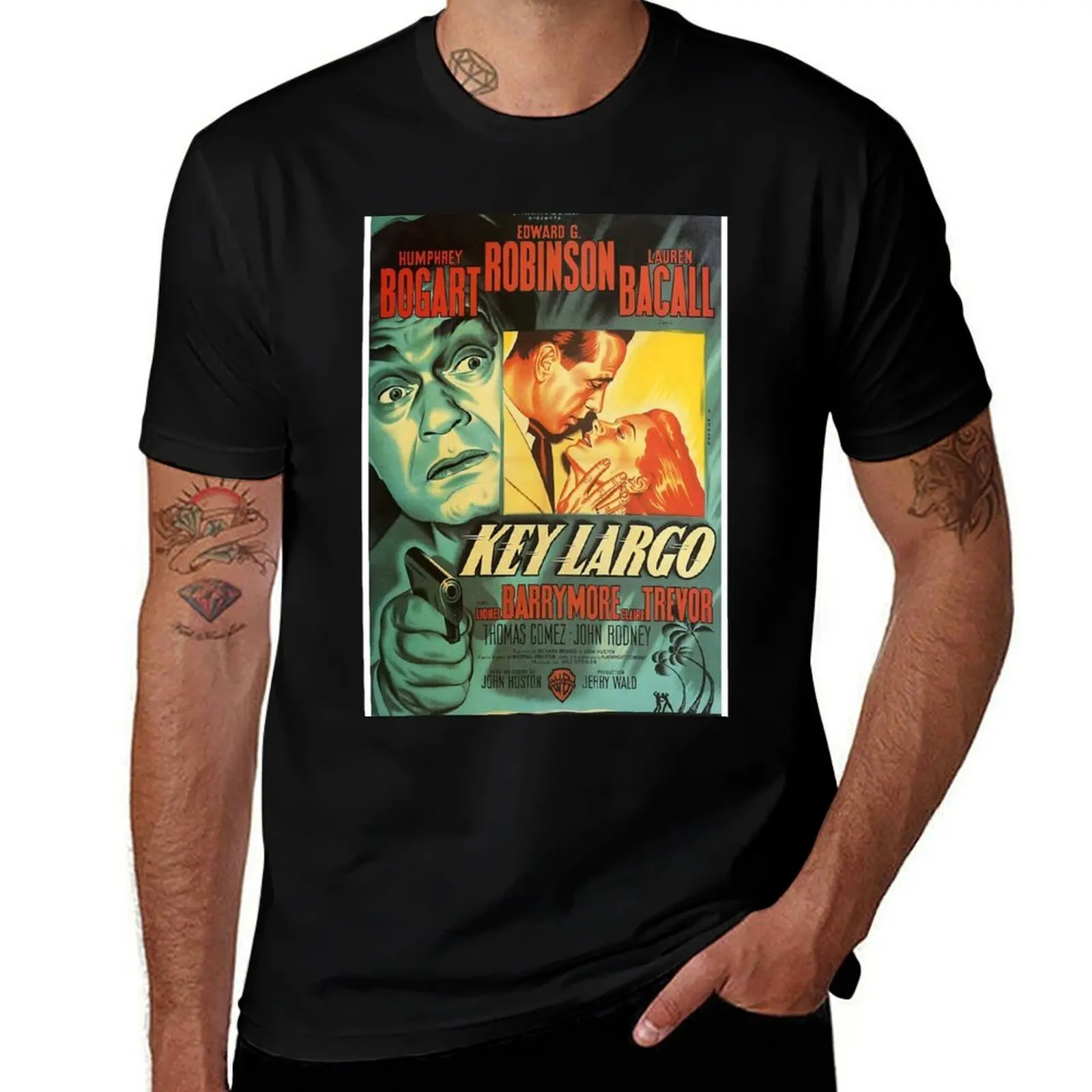 Фото Футболка с винтажным кинопостером Key Largo (Хамфри Богарт, Лорен Бакал, Эдвард Г. Робинсон), стандартный крой, однотонная. №1
