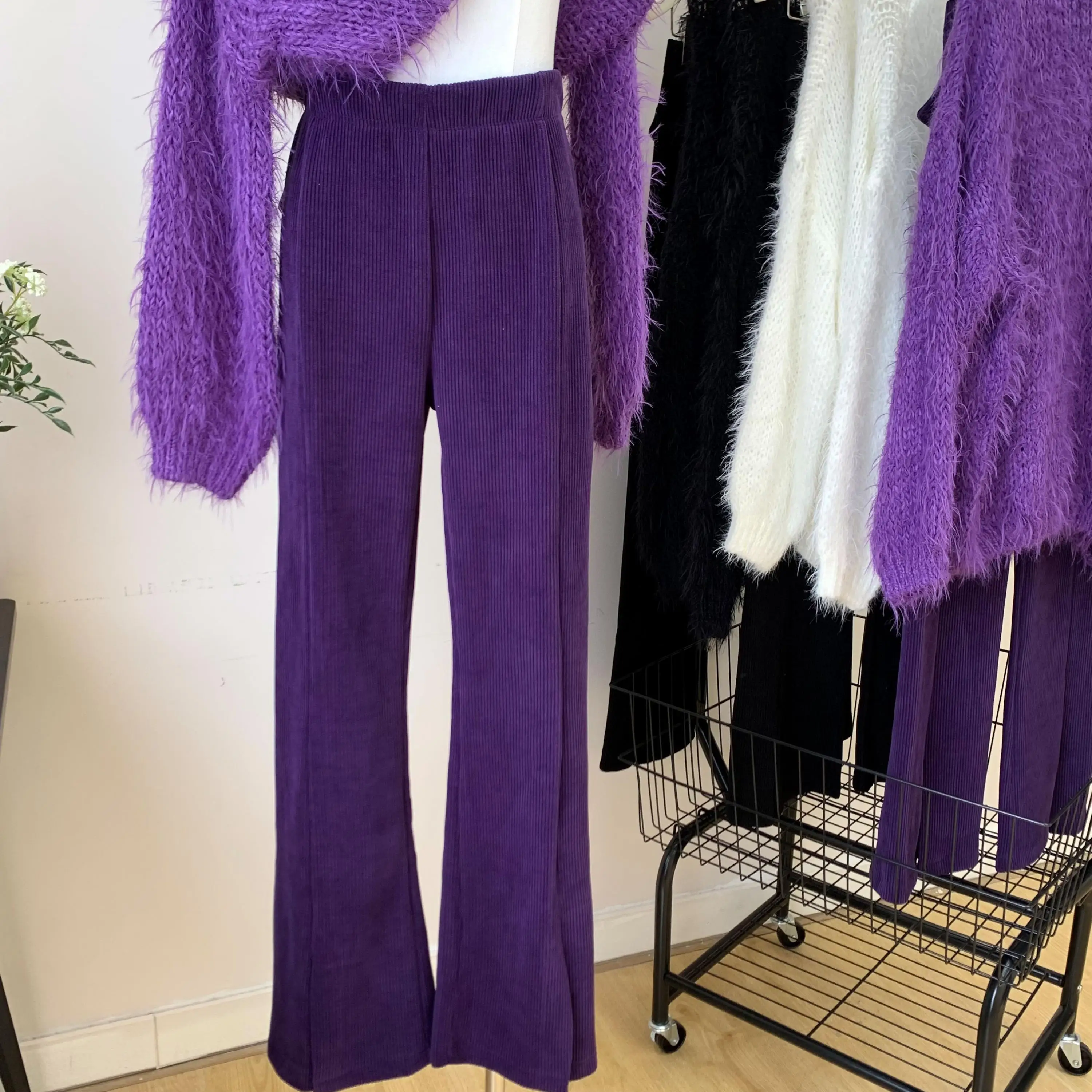 

Lauri Laki New Chenille Straight Pants for Women Casual Loose Purple Split Fork Full Length Trousers Mujer Autumn Winter