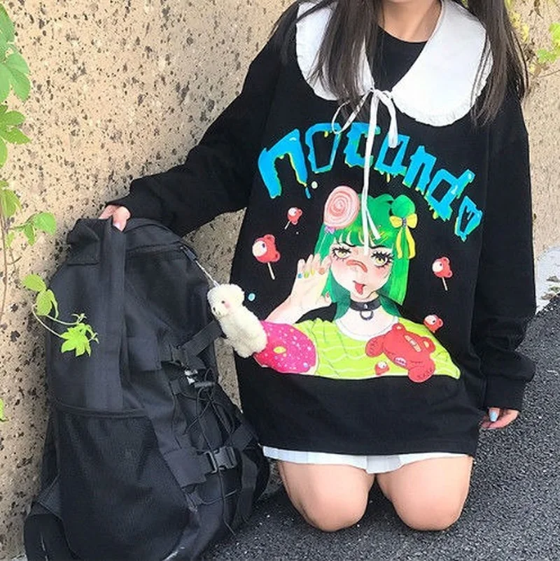 

2022 New Hip Hop Goth Dark Anime Girl Cute Sweatshirt Chic Doll Collar Long Sleeve Clothes for Teens Kawaii Japan Style Harajuku