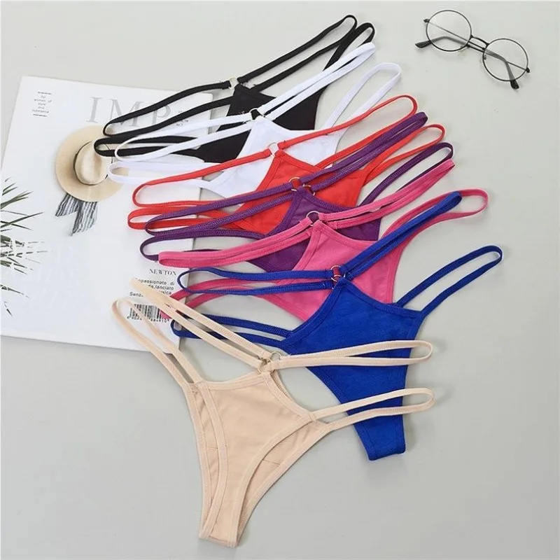 

Women Cotton Panties Sexy Low Rise Hollow Out Waist G-String Thongs Ring Link Two Belts Breathable Underwear for Female Lingerie