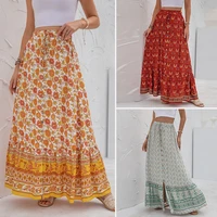 bohemian long skirt women summer floral print a line maxi skirt female patchwork retro bandage holiday loose beach skirts s 2xl