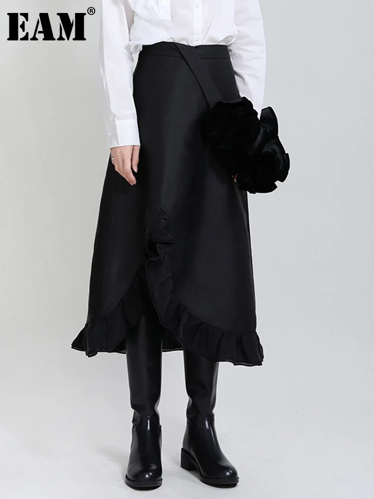 

[EAM] High Elastic Waist Black Irregular Casual Long Strap Half-body Skirt Women Fashion Tide New Spring Autumn 2023 1DF4905