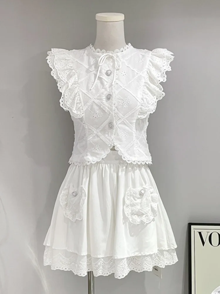 

High Quality Korean Sweet Fashion Two Piece Set Women Flying Sleeve Lace Shirt Top + High Waist Skirt Sets Summer 2 Piece Suits