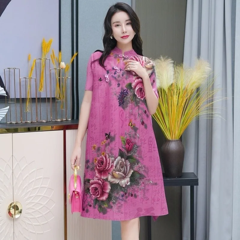 

Casual dress female 2022 new folded fashion peony print retro cheongsam dress summer slim and foreign short sleeve dress tops