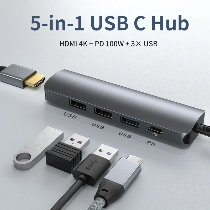 

Новинка 2022, док-станция 5-в-1, 4K, 30 Гц, USB 3,0/2,0, PD 100 Вт