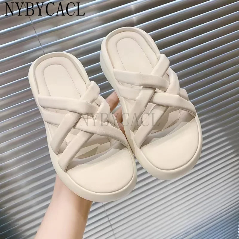 Women Real Leather Slippers Platform Solid Color Casual Outdoor Summer Sandals Fashion Ladies Footwear Size 35-40 Beach Slipper