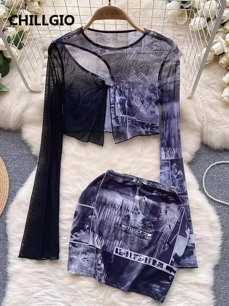 

CHILLGIO Women Print Transparent Mesh Skirt Suits Fashion Party O Neck Long Flare Sleeves T-shirt Mini Pencil Skirts 2 Piece Set