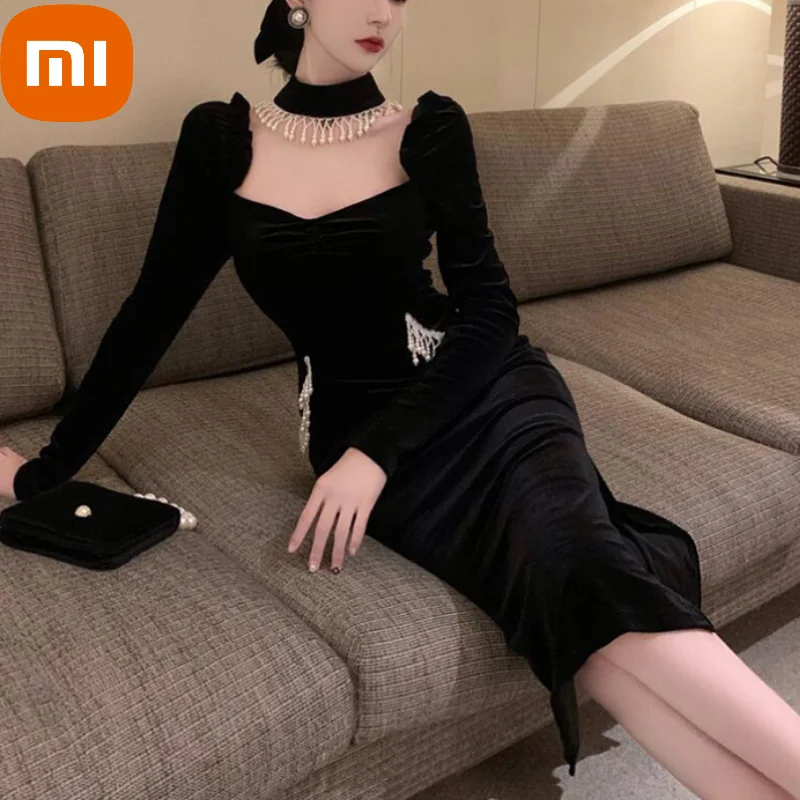 

XIAOMI Black Vintage Elegant Dress Women Winter Velvet France Evening Party Midi Dresses Ladies Korean Style Chic Dress Autumn