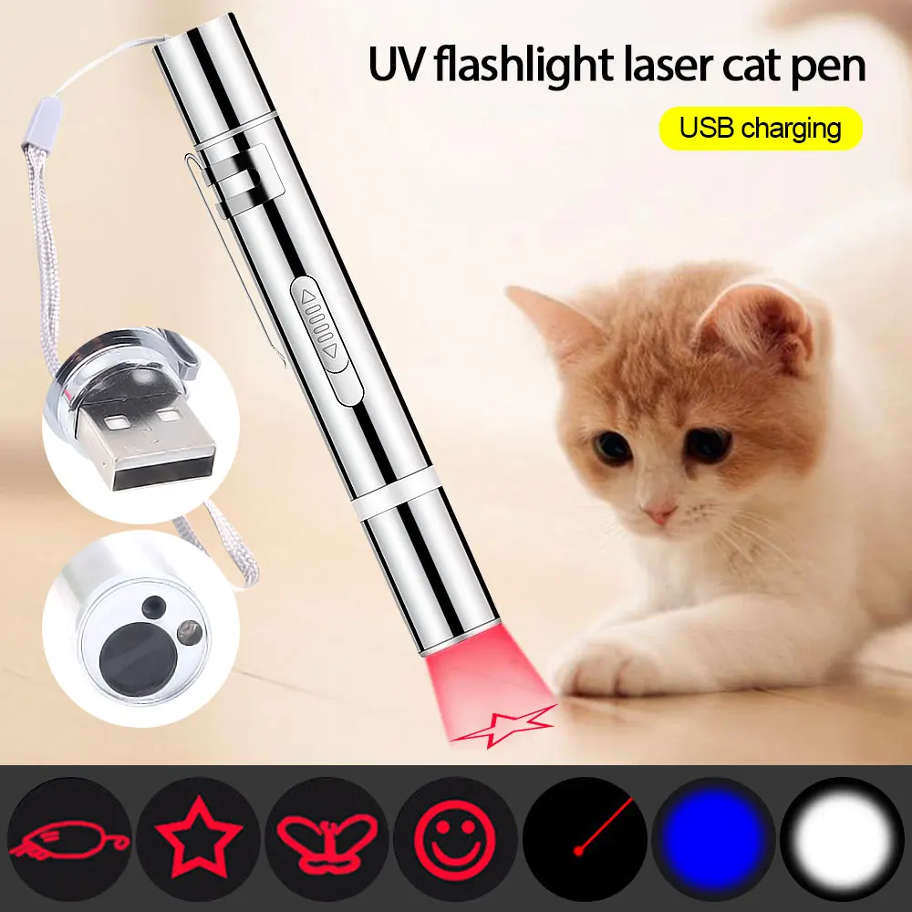 

Светодиодная Лазерная игрушка для домашних животных, указка для кошек, фонарик для кошек, 3 в 1, USB-зарядка, забавные игрушки для кошек, мини-св...