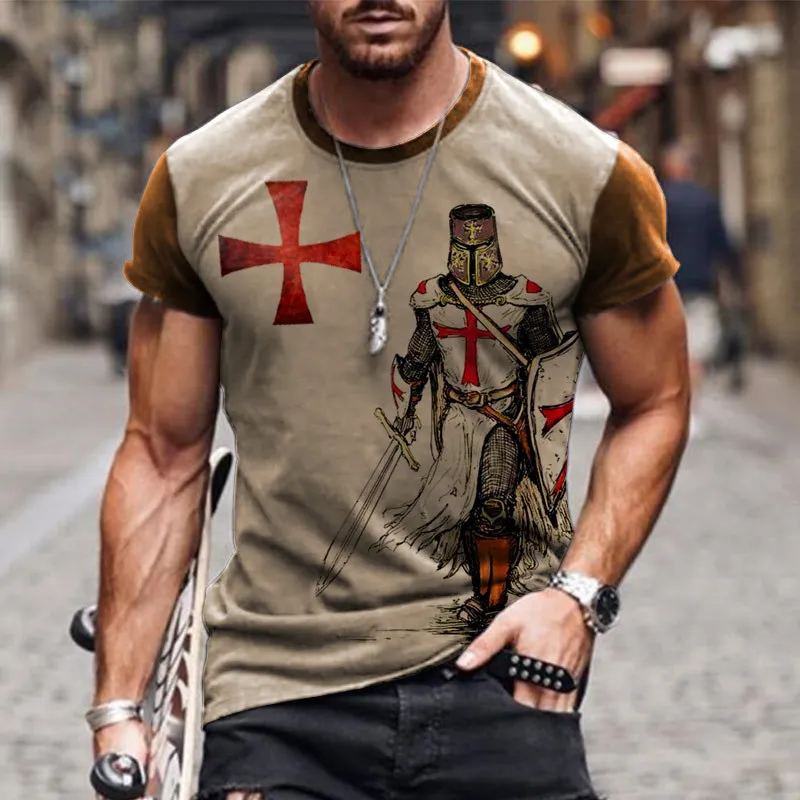 

Футболка мужская оверсайз с коротким рукавом, винтажная тенниска с 3D-принтом в виде крестовых походов, уличная одежда, лето