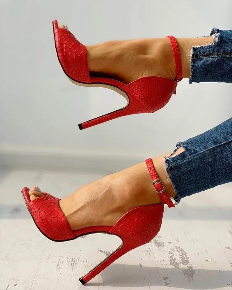 2023 Summer Women High Heel Sandals Solid Open-toe Stiletto Ankle Strap Temperament Female Shoes Sexy Red Black Sandalias Mujer