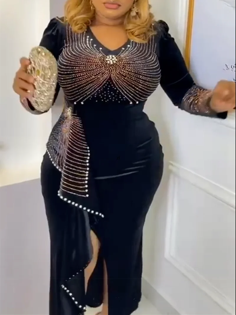 

Elegant African Wedding Dresses for Women Dashiki Diamond Velvet Evening Gown Sexy Bodycon Maxi Dress Plus Size Party Clothing