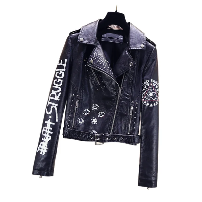 Punk style lapel female pu leather coat epaulette belt printed motorcycle suit leather jacket studded short coat