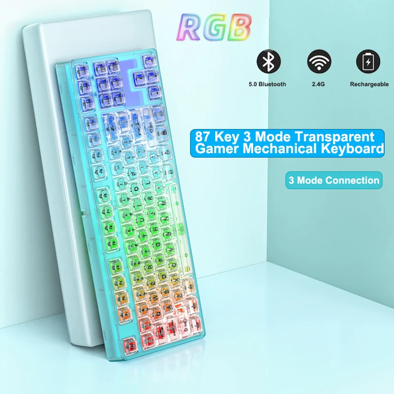 

87 Keys Transparent Wireless Mechanical Bluetooth 5.0 Keyboard TKL Hot Swappable Switch RGB Backlit Wired Type C for Mac Windows