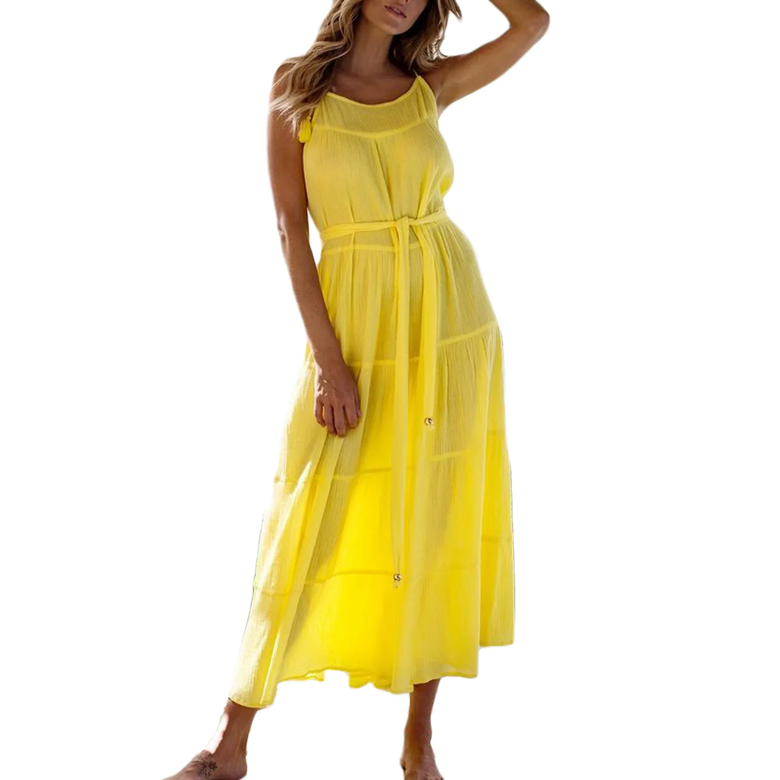 

3 Colors Women Summer Maxi Dress Ladies Sleeveless Belted Solid Color Spaghetti Strap U-shaped Neck Summer Dress