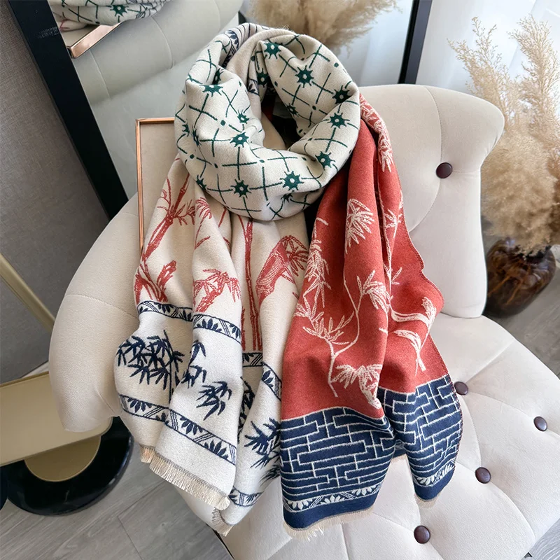 Толстый хиджаб из искусственного кашемира с цветочным принтом пончо женский