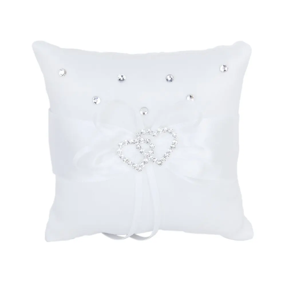 

White Double Heart Rhinestone Ring Pillow Wedding Ring Bearer Cushion
