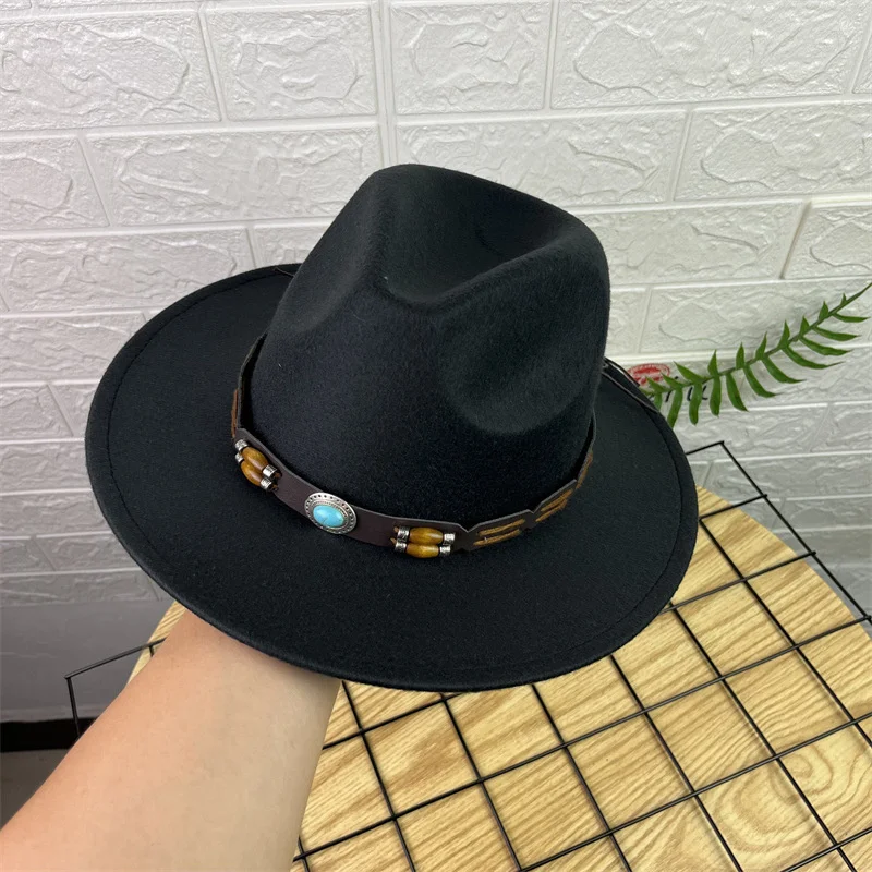 

Unisex Woolen Belt Big Brim Top Hat Women's Casual Jazz Bucket Autumn and Winter Retro Gentleman Felt for Men Cap