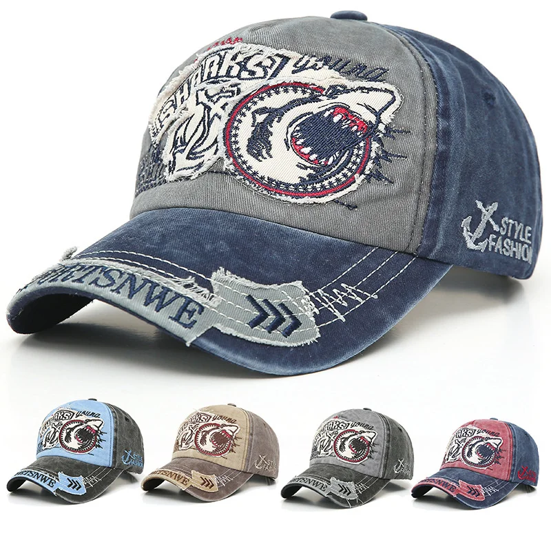 

Retro Shark Embroidered Washed Mens Baseball Cap Hip Hop Vintage Denim Streetwear Dad Hat Outdoor Women Summer Snapback Sunshade