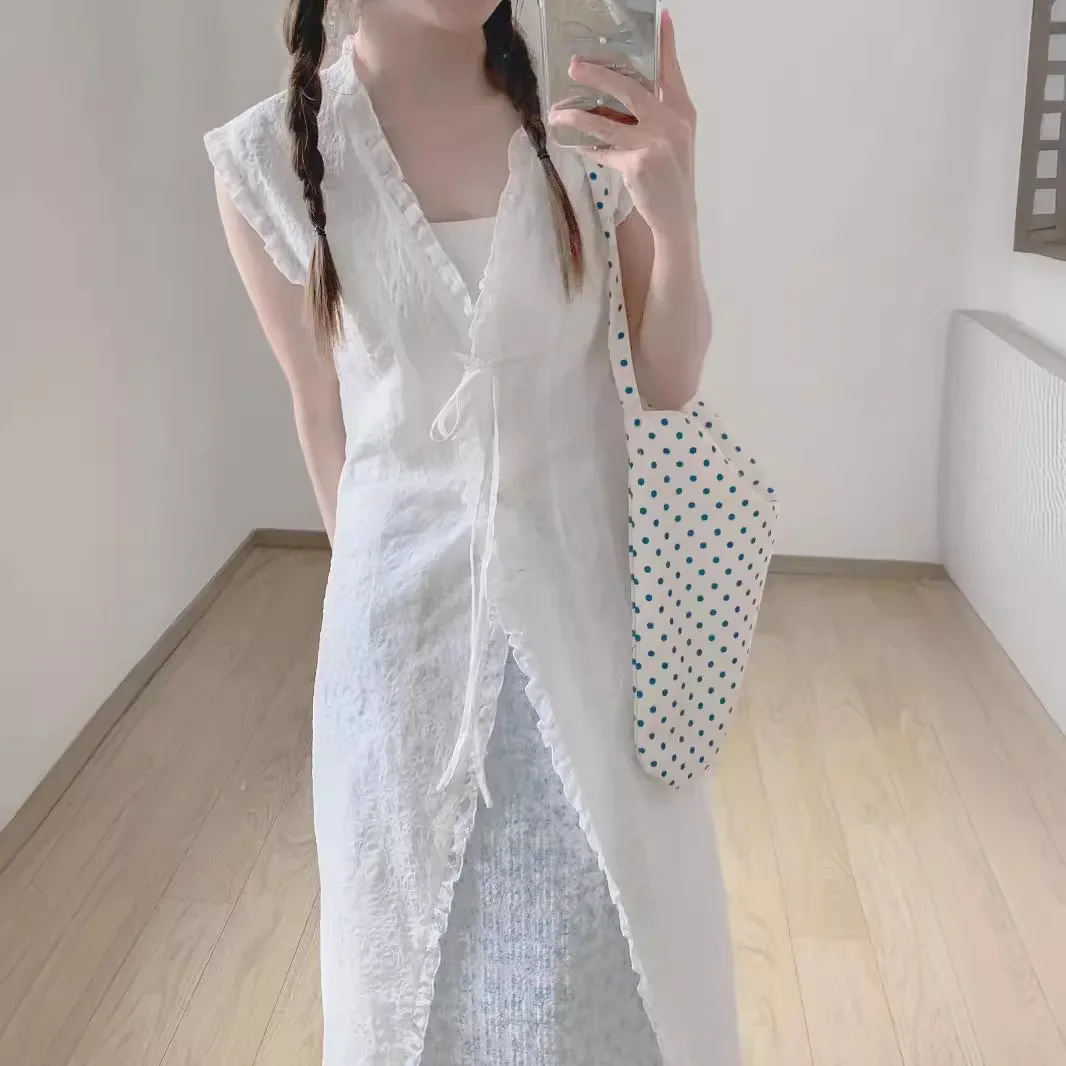 Летнее корейское нежное стильное платье-жилет с деревянным краем уха и бантом