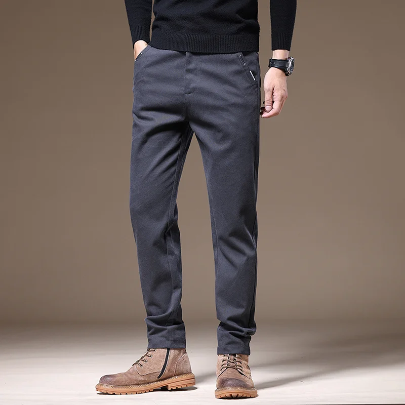 

Мужские осенние классические однотонные брюки, мужские теплые повседневные Прямые брюки для мужчин среднего возраста, деловые модные Стрейчевые хлопковые брюки для мужчин