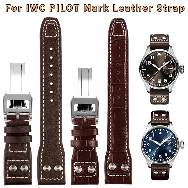Фото Ремешок для часов IWC PILOT Mark из воловьей кожи, браслет из натуральной кожи с бамбуковыми заклепками, темно-коричневый черный, аксессуары для ч... №1