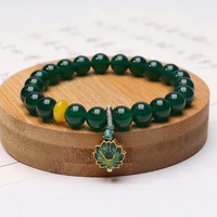 vintage chinese style natural stone 8mm green agate bracelet for women and men lotus pendant elastic birthday present ethnic
