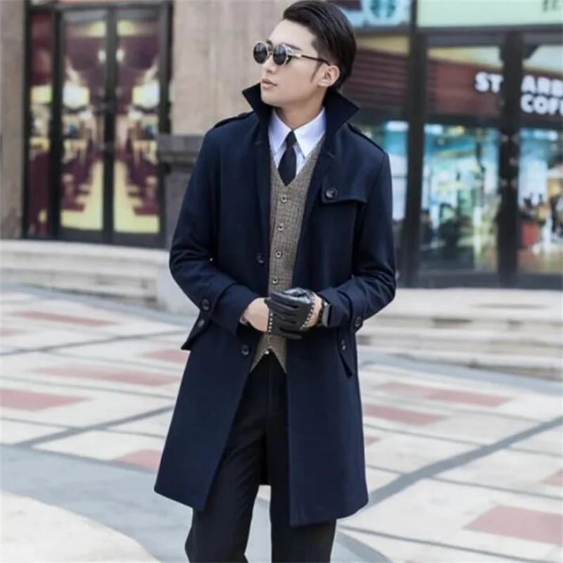 

Korean Middle-Aged Woolen Coat Men Young Long Fitting Single Breasted Black Casual Winter Gabardina De Hombres пиджак Grey Blue