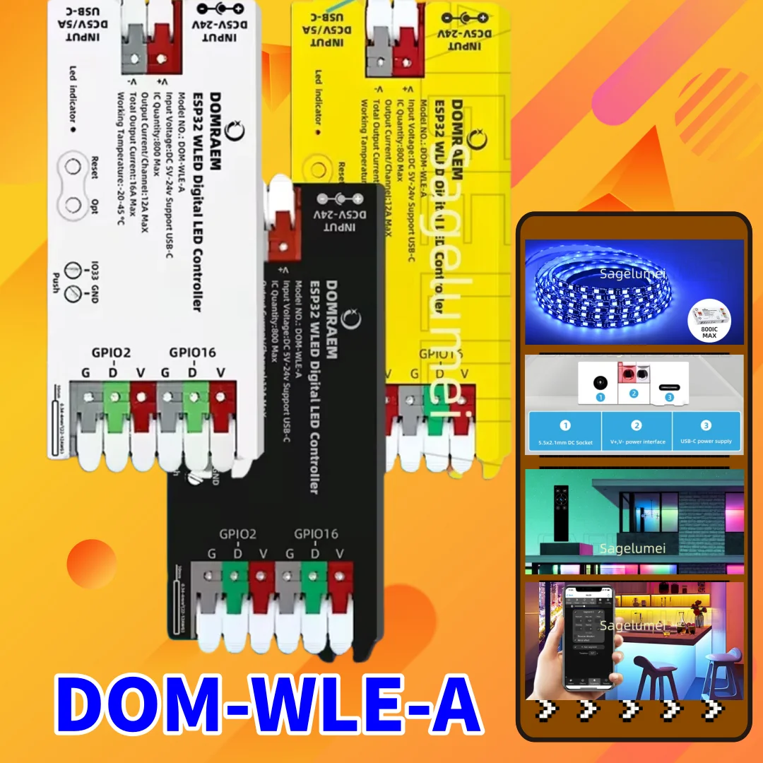 Фото DOMRAEM ESP32 USB-C WLED Цифровой светодиодный контроллер RGB IC DIY APP Предохранитель 16А Работает с полосой HA/MQTT/Alex WS2811/12B/14/05 Sk6812 №1