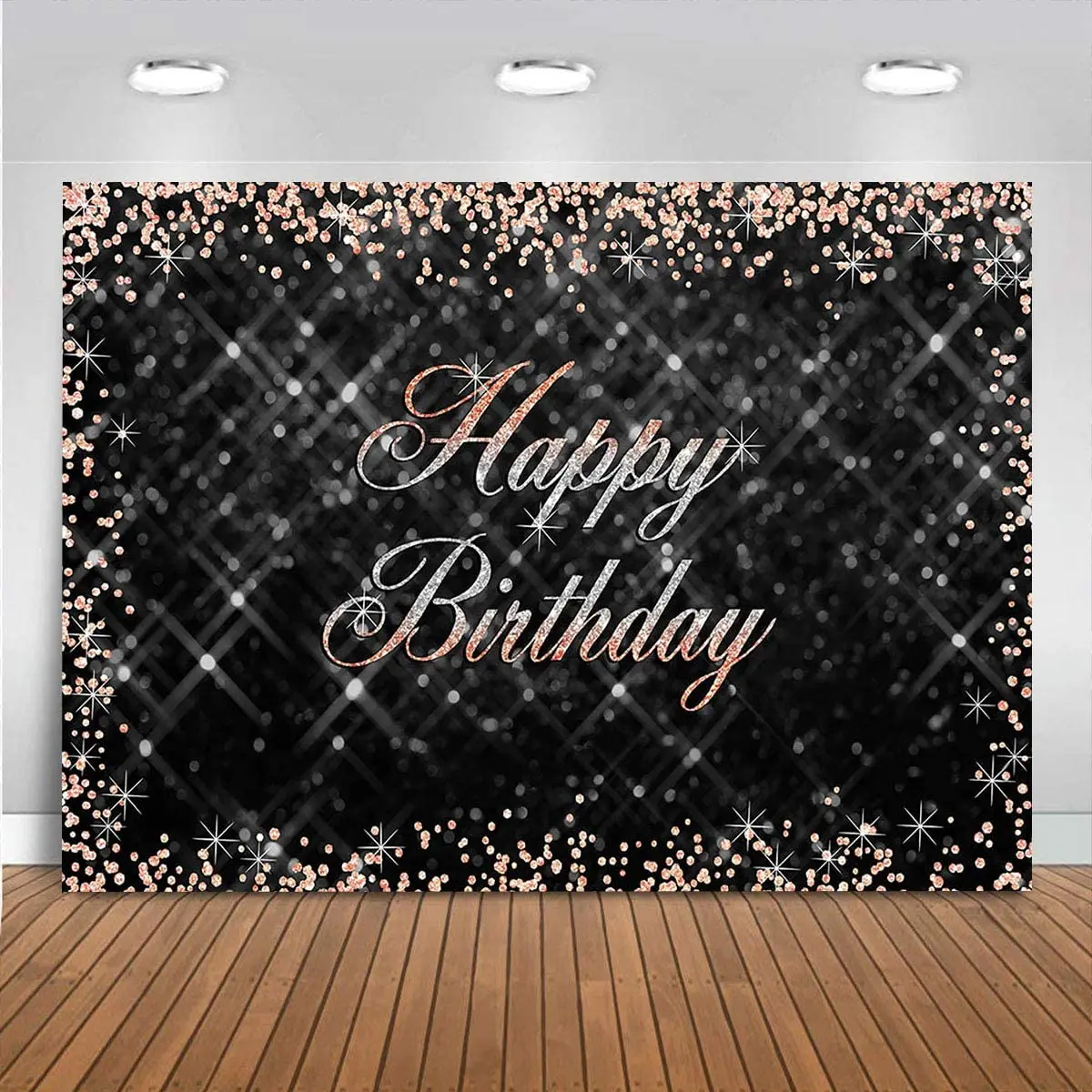 

Happy Birthday Backdrop Silver and Black Shiny Gold Dot Photography Background Vinyl Birthday Party Decorations Banner