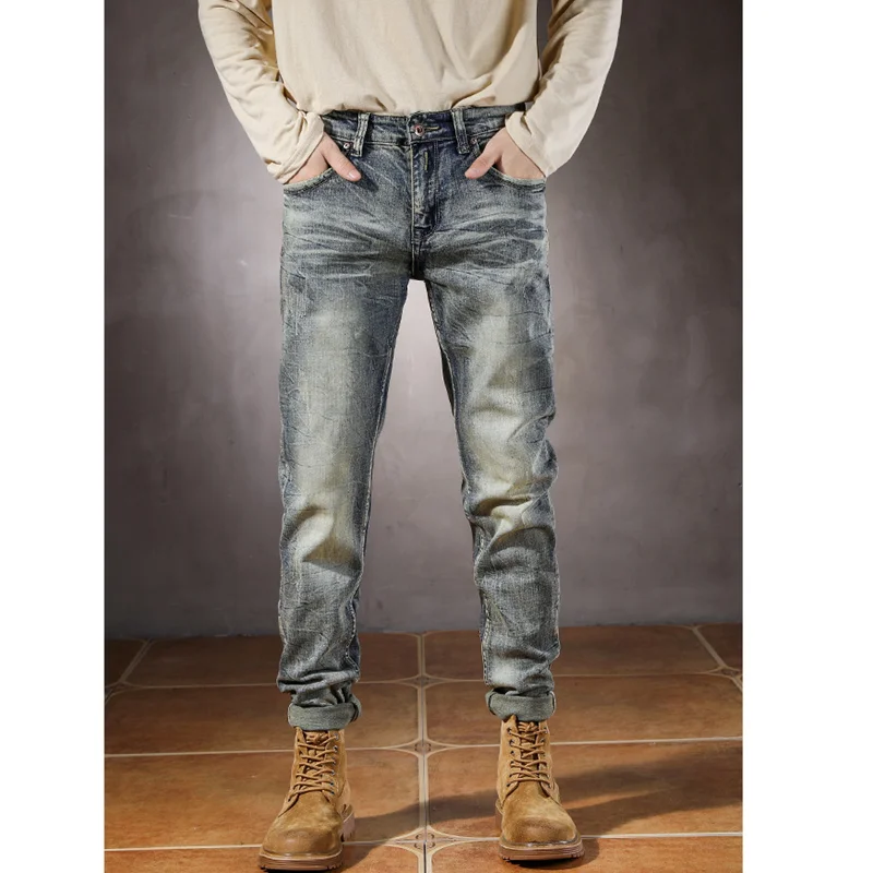 Men Clothing 2022 New Bluish High-end Straight Jeans Elastic Force Self-cultivation Vintage Pencil Pants Women Autumn and Winter