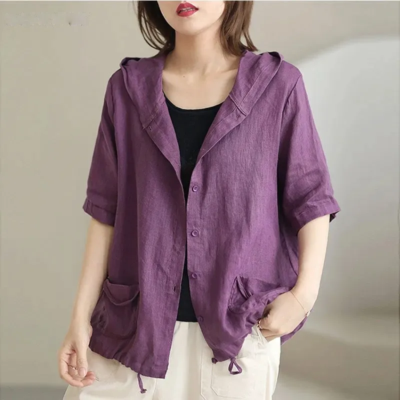 

Women Jackets Korean Hooded Casual Vintage Baisc Coat Summer Simple Fashion Pockets Neutral Solid Trench Feminino 4XL
