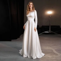 formal white wedding dress for woman scoop neck with applique floor length bridal gown pockets zipper back long sleeves vestidos