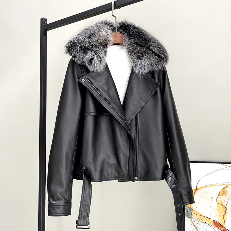 

Autumn Winter 2022 New Thickened Leather Coats Clothes Women's Slim Sheepskin Coat Fox Fur Collar Motorcycle Jacket Chaqueta CJK