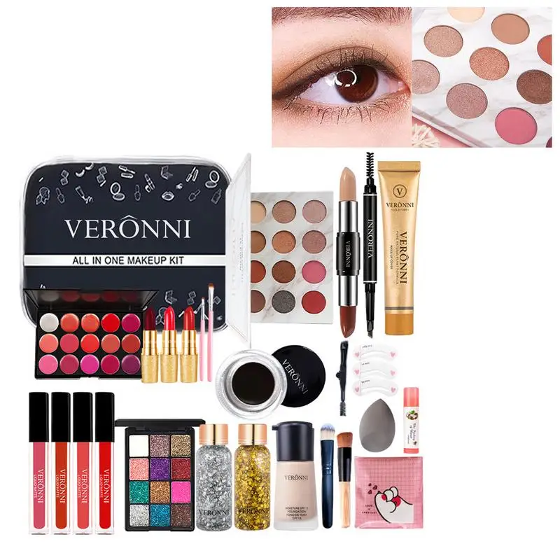 

All-in-one Makeup Set 28 Piece Full Cosmetic Travel Kit For Women Vanity Essential Bundle Include Eyeshadow Palette Lipgloss