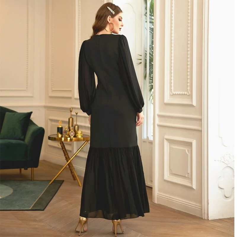 Handmade Embroidered Crystal Maxi Dress Women Muslim Gorgeous Black Bishop Sleeve Stretchy Morocco Party Gown Eid Clothing Islam