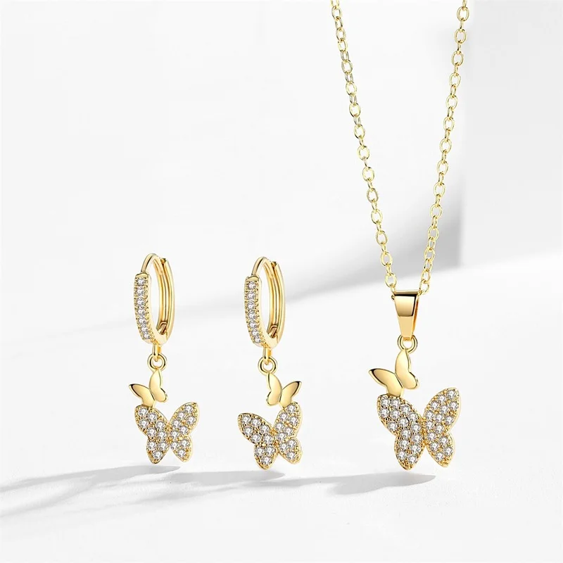 

Золотистые Серебристые блестящие серьги-обручи с цирконом и бабочкой ожерелья женские очаровательные модные темпераментные легсветильни...