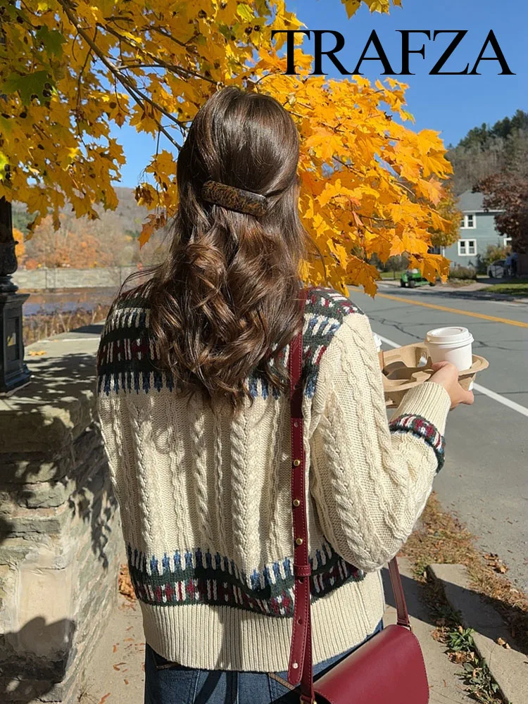 TRAFZA женская осенняя элегантная жаккардовая лоскутная вязаная куртка с длинными