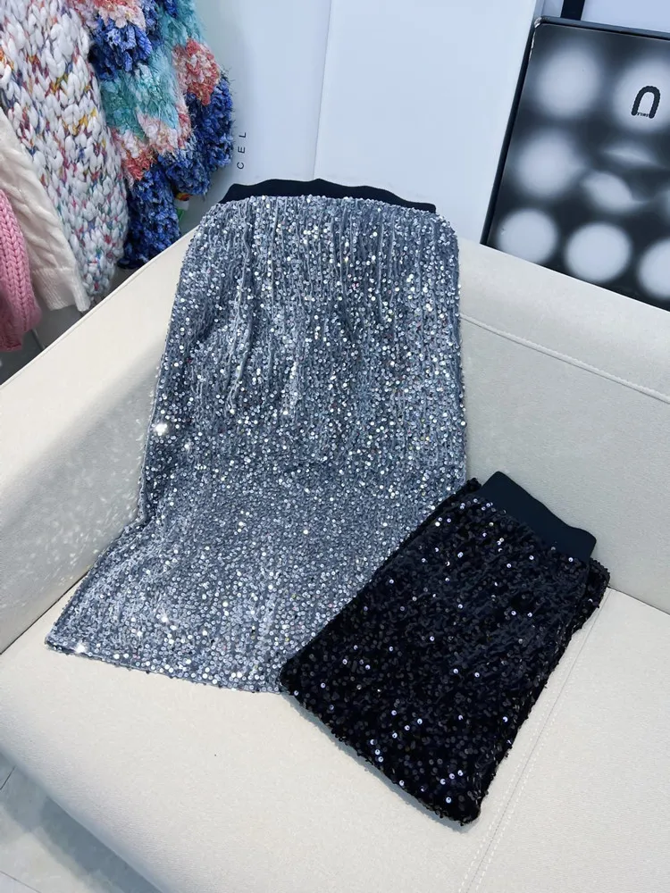 

Heavy Sequins Skirt for Women 2022 Autumn Winter New Back Slit Straight High Waist Slim Long Skirt Thick Shinny Hot Girls Skirts